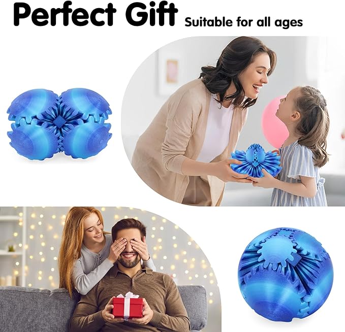 Gear Ball 3D Printed Cube Fidget Toy,Gear Sphere Fidget Toys,Sensory Toys for Stress and Anxiety Relief, Desk Toy Fidget Spinners,Stocking Stuffers for Adults & Kids Gift (Aurora Blue, 3.1 Inch)