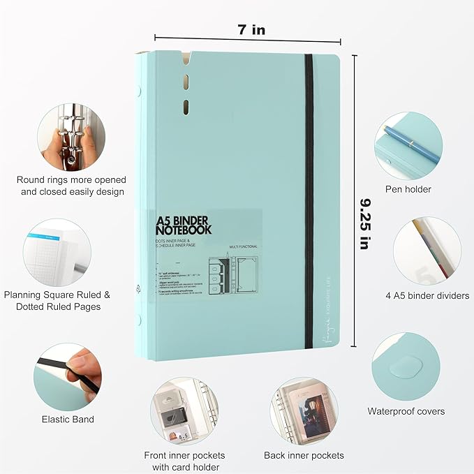 CAGIE A5 Binder 6 Ring Notebook with Dividers Refillable Planner Binder with Pockets, Refill Paper Include Planning Square Ruled and Dotted Pages, 6.89 x 9.25 In, (Blue, A5 Daily&Dot Page)