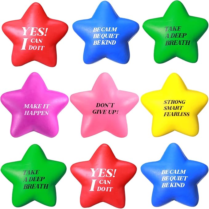 Chalyna 30 Pieces Motivational Star Stress Ball Quote Relief Ball, 2.2 Inch Pu Foam Stress Balls Bulk Sensory Star Ball Gifts for Kids Teens Adults Relieve Anxiety Party Supplies (Assorted Colors)