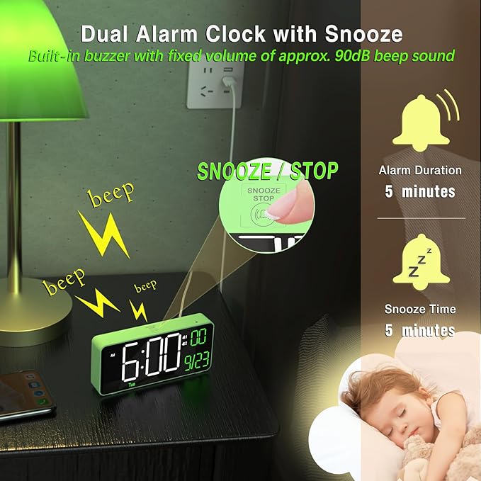 KOSUMOSU Digital Clock for Bedroom, 6.7in Desk Clock, Auto Dimming, Room Temperature, Day of The Week, Date, Seconds, Clocks for Living Room, Alarm Clocks for Bedrooms