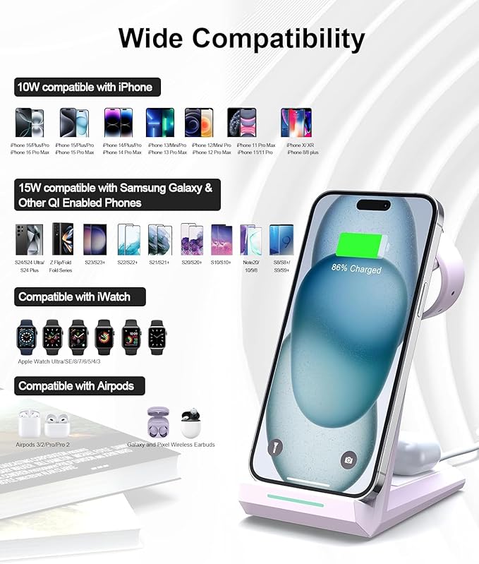 Wireless Charging Station for iPhone - ADADPU 3 in 1 Charger Stand for iPhone 17 16 15 14 13 12 11 Pro Max XR 8 Plus, Wireless Charging Dock for Apple Watch 8/7/SE/6/5/4/3/2, AirPods Pro/3/2 (Purple)