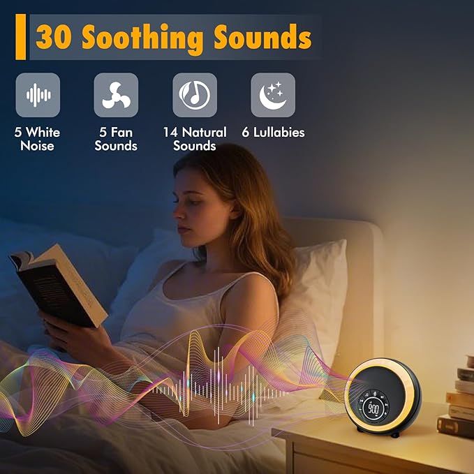 White Noise Sound Machine for Sleep, 30 Soothing Sounds, 8 RGB Dimmable Night Lights, Portable Bluetooth Speaker Alarm Clock for Bedrooms, Heavy Sleepers, Ideal Gift for Baby, Kids, Teenagers, Adults