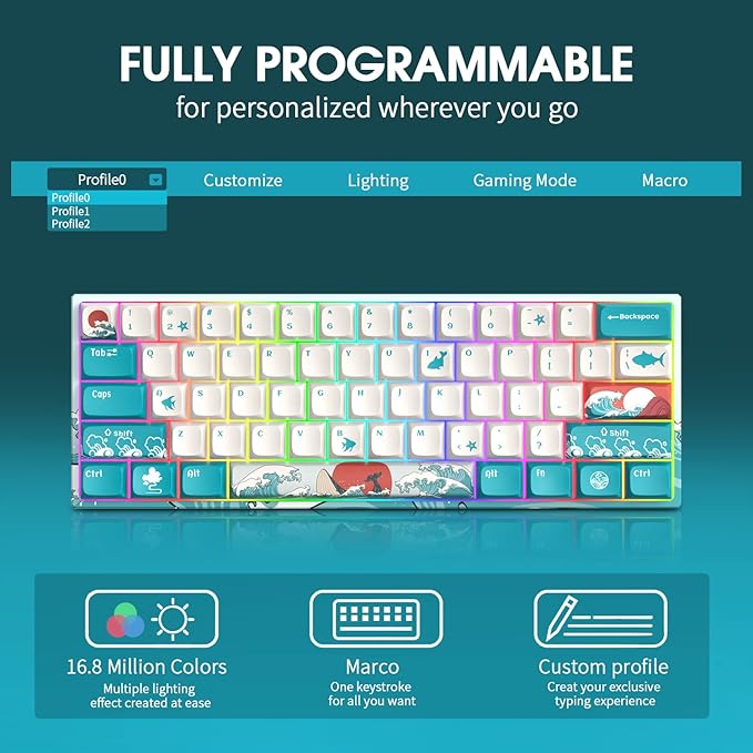 HITIME 60 Percent Keyboard, XVX M61 Pro 3-Modes Wireless Mechanical Keyboard, Hot-Swappable Custom Gaming Key Board, RGB Backlit, for Windows Mac PC Gamers(Coral Sea Theme, Pre-lubed Linear Switch)