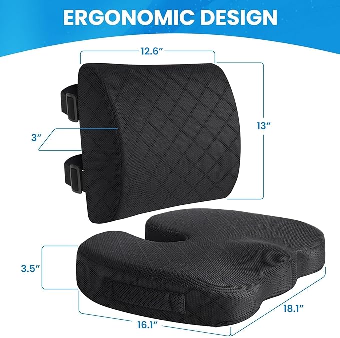 TushGuard Office Chair Cushions with Handles, Back&Seat Cushion, Sciatica & Back Coccyx Tailbone Discomfort Easing Chair Pad, Memory Foam Lumbar Support Pillow for Gaming, Desk, Car (Black, X-Large)