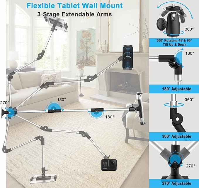 Metal Long Arm Tablet Wall Mount Holder [Aluminum Arm 37"] Adjustable Wall Tablet Stand with Foldable Arm for iPad Pro Air Mini, Galaxy Tab, Surface, Switch, Fire, iPhone, 4-12.9"