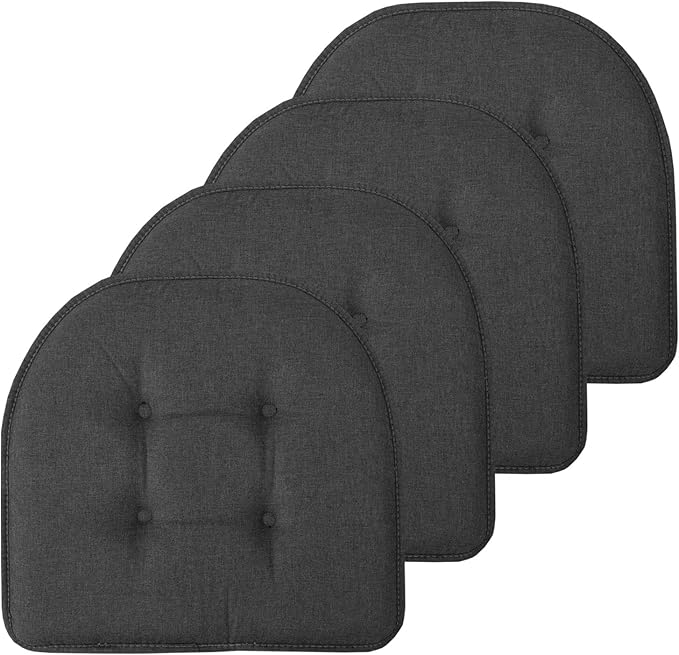 Sweet Home Collection Chair Cushion Memory Foam Pads Tufted Slip Non Skid Rubber Back U-Shaped 17" x 16" Seat Cover, 4 Count (Pack of 1), Charcoal Gray