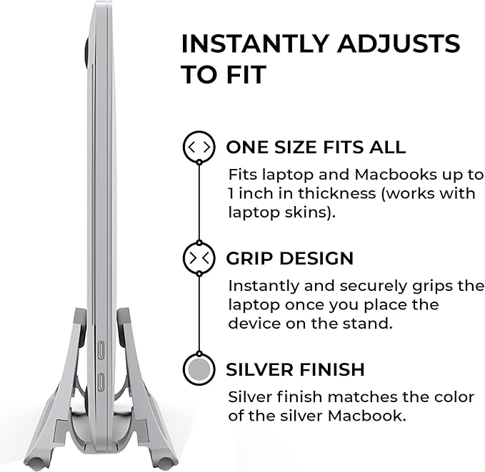 HumanCentric Vertical Laptop Stand for Desks in Silver Color, Upright Adjustable Holder to Dock Apple MacBook, MacBook Pro, and Other Laptops to Organize Work & Home Office, Automatic Grip