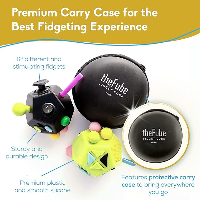 PILPOC theFube Fidget Cube with 12 Sides - Handy Anxiety Toys for Kids and Adults - Fidget Dice for Stress Relief & Focus - Anti Stress Cube for ADHD, ADD, with Carry Case (Black & Mix)