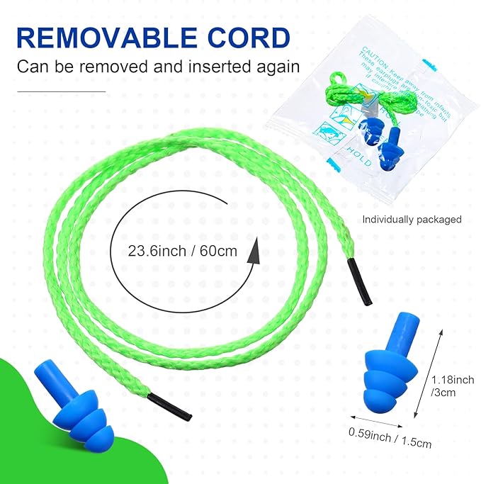 Tondiamo 200 Pairs Ear Plugs Reusable Silicone Earplugs with Cord Sleeping Individually Wrapped Hearing Protection Noise Cancelling Earplugs for Work Construction Shooting Sports(Blue, Green)