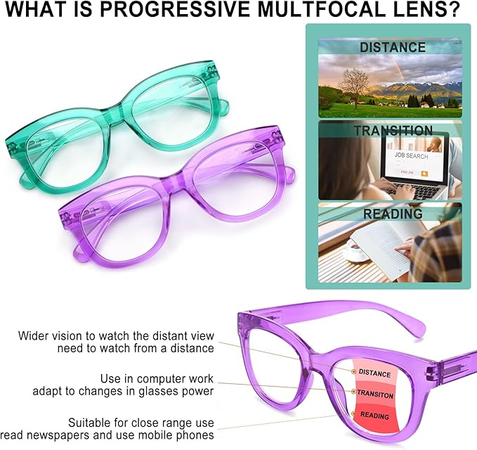 Progressive Multifocus Reading Glasses for Women Men Blue Light Blocking Computer No Line Multifocal Readers