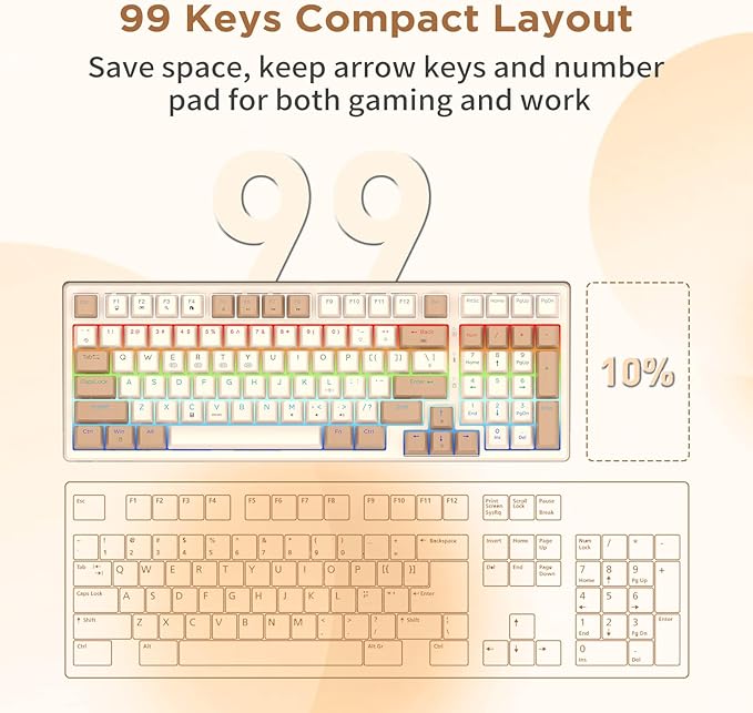 HUO JI 96% Wireless Mechanical Keyboard, Hot Swappable, Pre-lubed Blue Switches, Gasket Structure, Bluetooth/2.4GHz/USB-C, Led Backlit Sidelit, Custom Gaming Keyboard for PC (Peach)