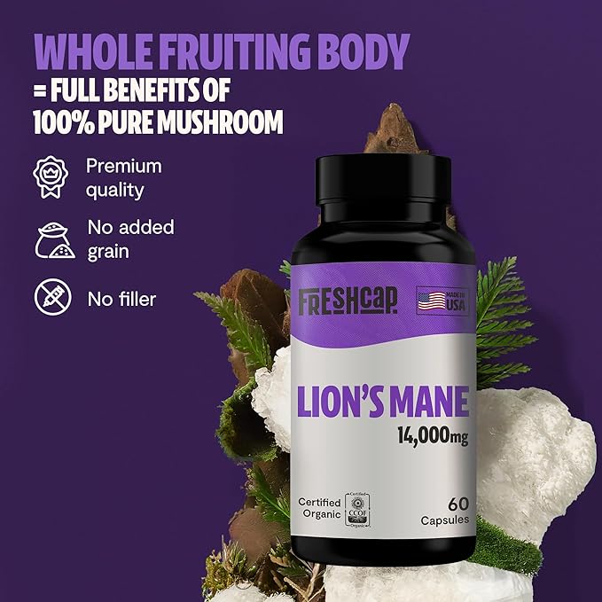 FreshCap Mushrooms Lions Mane Supplement Capsules 14,000mg - Lion's Mane, High Potency Extract, 14:1 Organic Mushroom Supplement, Ayurveda Focus Made in USA (60 Capsules)