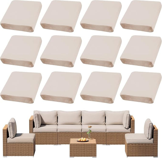 12Pcs Outdoor Cushions Covers Waterproof, Patio Cushion Covers, Stretch Cushion Covers Replacement,Cushion Slipcovers, Furniture Cushion Covers (Beige 1, 12PCS)