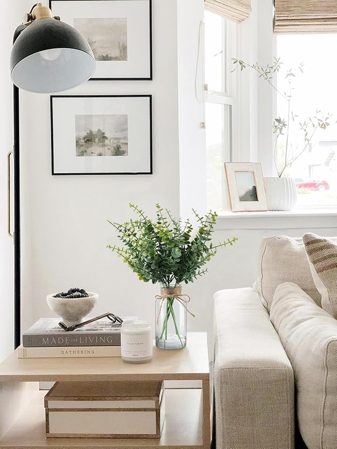 Fake Plants Eucalyptus Stems in Glass Vase with Faux Water, Artificial Plants Eucalyptus Leaves for Shelf Desk Bathroom Farmhouse Coffee Table Home Decor