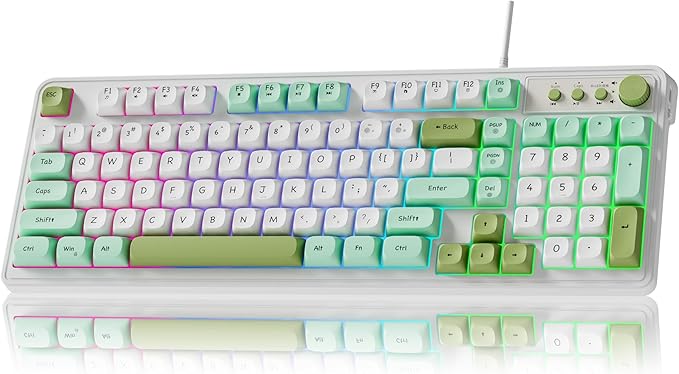 EWEADN G98 RGB Gaming Keyboard Wired, Retro Creamy Membrane Keyboards with Media Knob, Number Pad RGB Backlit, 98 Keys Quite Membrane Computer Keyboard for MAC Xbox PC Gamer- Green