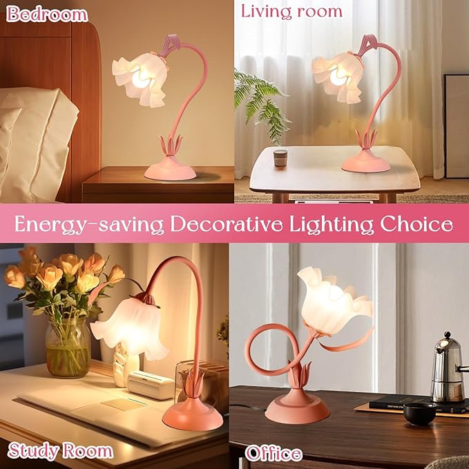 Cute Flower Table Lamp, Bedside Vintage Flower Lamp with LED Bulb, 3 Colors Temperature Flower Lamp for Bedroom Living Room Bedside Desk Reading Lighting Table Lamps Home Decoration (Pink)