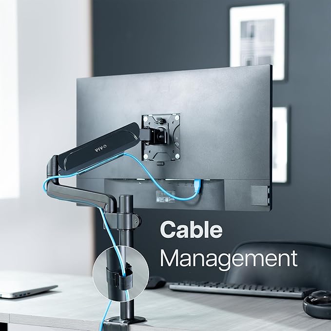VIVO Single Monitor Arm Mount for 17 to 32 inch Screens - Pneumatic Height Adjustment, Full Articulating Tilt, Swivel, Heavy Duty VESA Stand with Desk C-clamp and Grommet Option STAND-V001K