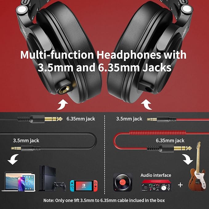 OneOdio A71 Hi-Res Studio Recording Headphones - Wired Over Ear Headphones with SharePort, Monitoring Mixing Foldable Headset with Stereo Sound, 3.5/6.35MM Jack for PC Computer DJ Guitar-Red