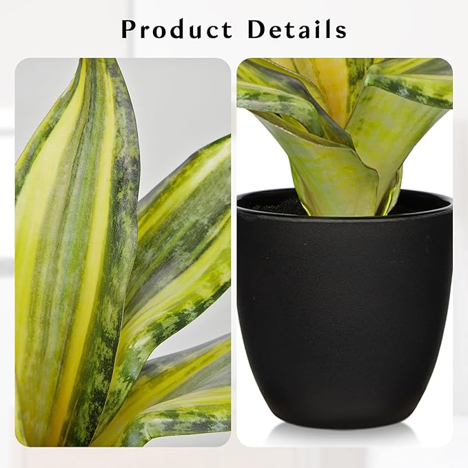 Fake Plant 11.22 Inch Fake Snake Plant Artificial Plants Indoor Sansevieria Faux Plants with Black Pot Artificial Snake Plant for Living Room Bathroom Office Table Centerpieces Shelf Home Decor