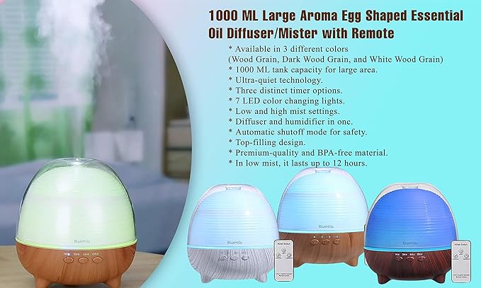 BlueHills Premium 1000 ML Large XL Essential Oil Diffuser with Remote Aroma Humidifier for Large Room Home Long Run Time Huge Coverage Area Lights High Mist Output Big Capacity Dark Wood Grain N6
