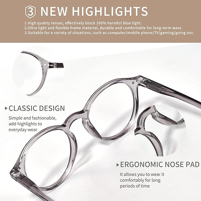 Blue Light Blocking Glasses Round Retro Computer Gaming Glasses Women Men UV Protection AB3303 (Grey)