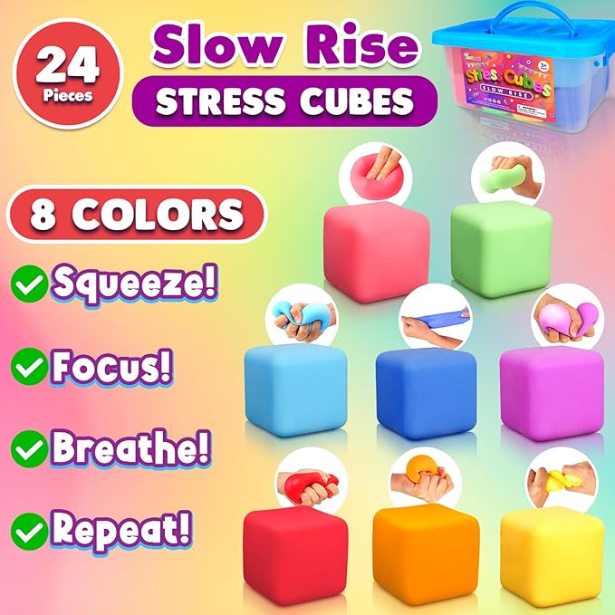 24 Pack Slow Rising Stress Cube, Large Size Dough Stress Balls Fidget Toys for Anxiety Relief, Pull Stretch Fidgets for Classroom Prize Box Toys, Classroom Reward for Student