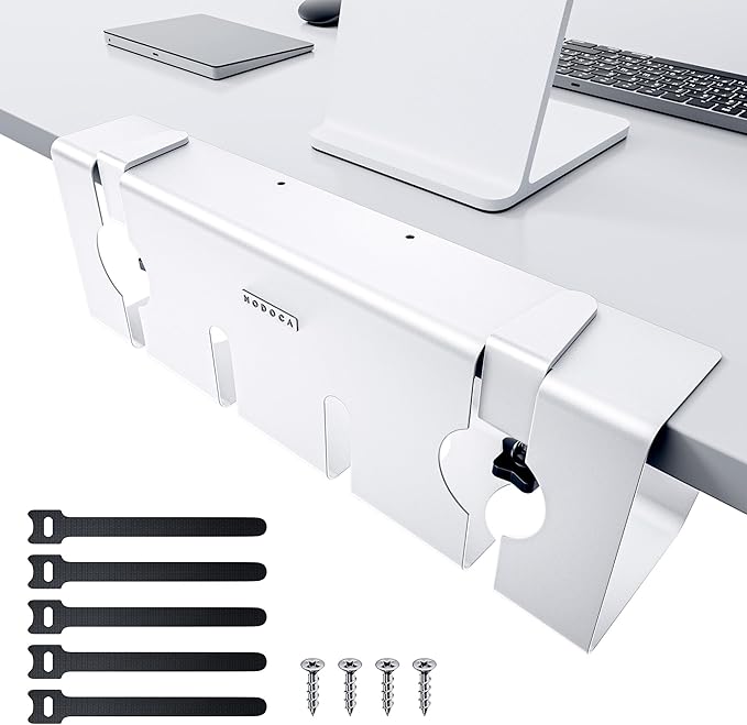 NodoCA No Drill Under Desk Cable Management Tray, 17'' Wire Management, Punch-Free Clamp On, Metal Cable Tray, Wire Organizer, Under Desk Basket for Office and Home, White