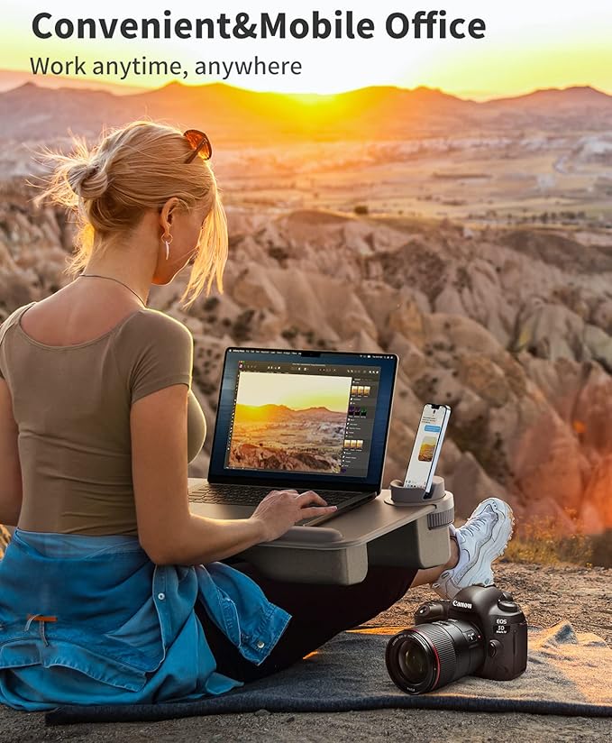 SAIJI Laptop Lap Desk for Bed—Fits Up to 17" Laptops & MacBook,Lightweight Tray Table with Soft Leather Wrist Pad,Sturdy Phone/Tablet Holder, Laptop Stand with Cushion for Home Office/Gaming On Couch