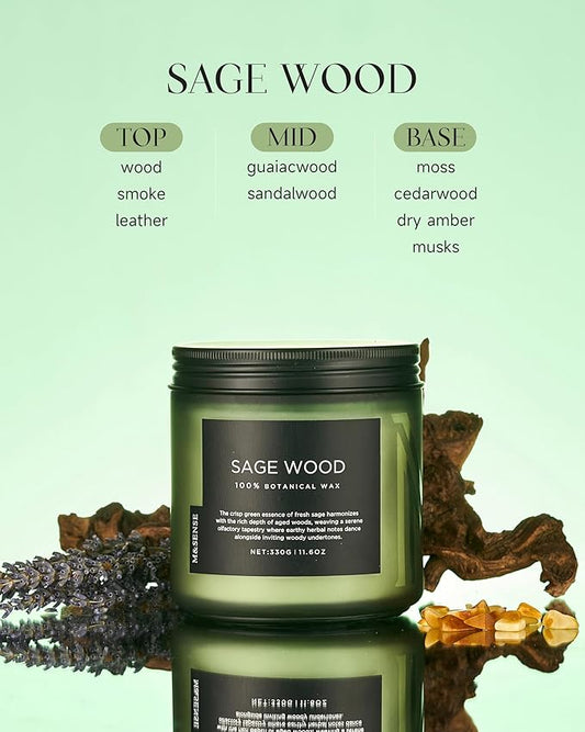 M&SENSE Sage Wood Scented Candle, 11.6oz 70 Hours Long Lasting Clean Non Toxic All Natural Soy Wax Candle for Relaxing & Stress Relief, 2 Wick Home Fragrance Gifts for Home Decor