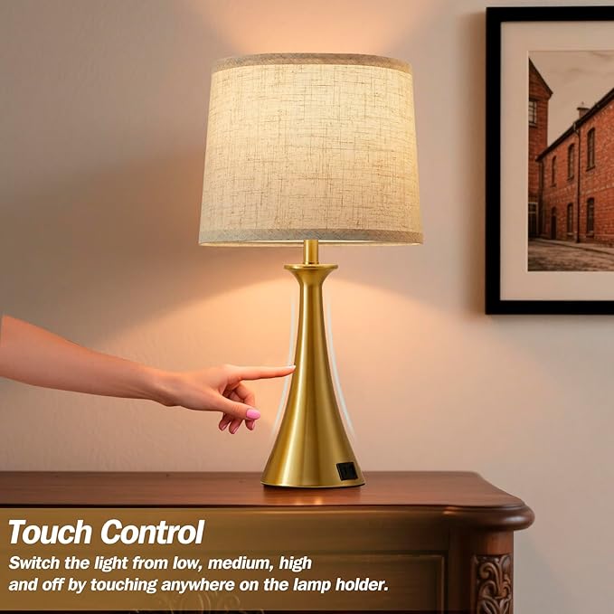 Touch Table Lamp for Living Room Bedroom, 21" Table Lamps Set of 2 with USB C+A Ports, Touch Bedside Lamps for Nightstand with 3 Way Dimmable, 2 LED Bulbs Included, Gold