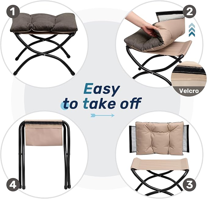 HollyHOME 15"(H) Folding Footrest Stool, Upholstered Small Foldable Ottoman, Accent Padded Sofa Foot Stool for Lazy Chair, Metal Frame Portable Foot Rest Ottoman for Living Room, Bedroom, Coffee