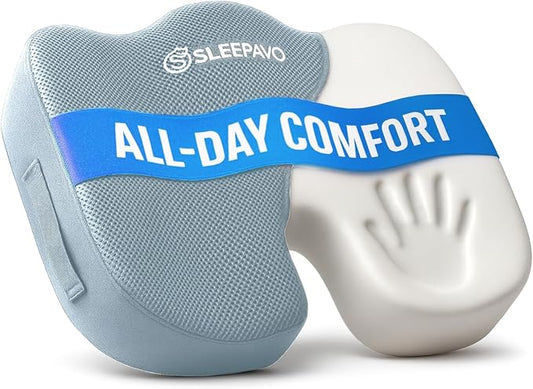 Sleepavo Gray Memory Foam Seat Cushion for Office Chair - Pillow for Sciatica, Coccyx, Back, Tailbone, Lower Back Pain Relief - Orthopedic Chair Pad Lumbar Support in Office Desk, Car, Airplane