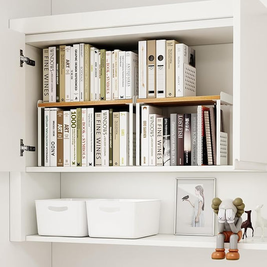 Mitus Shelf Organizer and Storage, Stackable Tiered Wood Cabinet Rack for Countertops, Desktops, Cabinets (Set of 2) 12" and 16" Wide Natural Oak and White