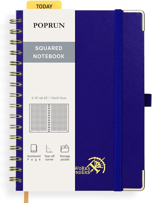 POPRUN Graph Paper Spiral Journal Notebook, [A5-5.75'' x 8.25''] - 120 GSM Thick Paper, 141 Numbered Pages, Grid Notebooks for Men & Women with Pocket, Index Tabs, 8 Perforated Sheets, Royal Blue