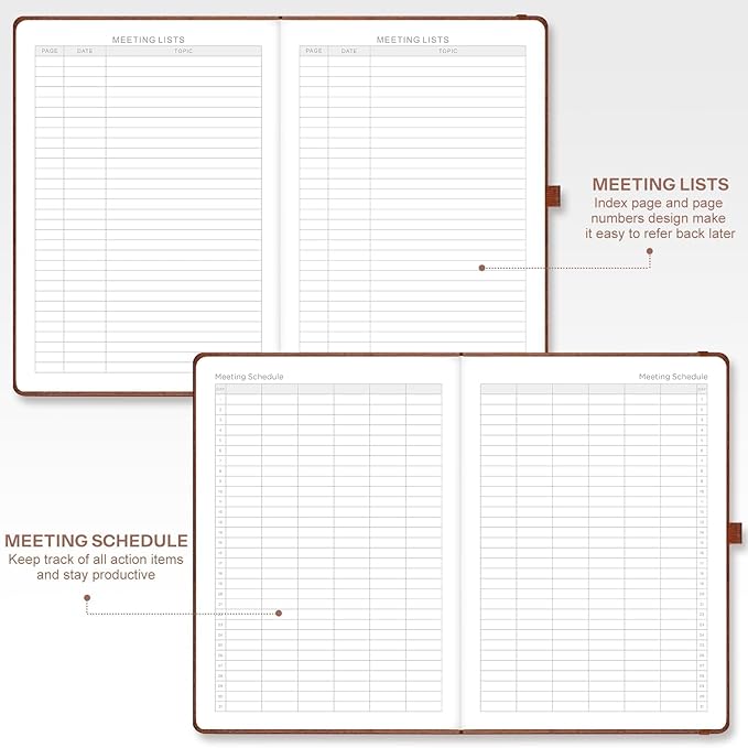 EMSHOI Meeting Notebook for Work with Action Items - 320 Pages B5 Thick Project Planner Agenda Organizer Work Notebook for Women Men Office Business Notes, PU Leather Hardcover, 7.5" x 10", Coffee