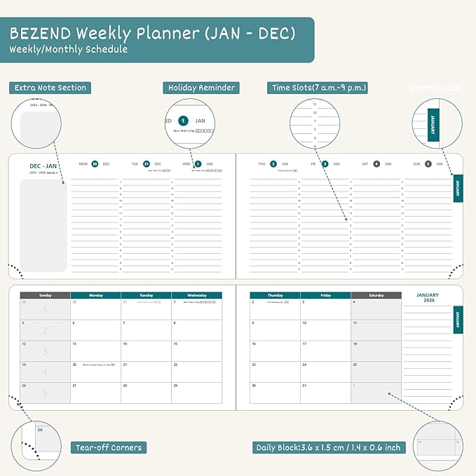 BEZEND Pocket Calendar 2026 Weekly and Monthly (6.5" x 3.75") Horizontal Planner with Vertical Hourly Timeslots, Bookmarks & Inner Pocket, Vegan Leather Hardcover - Evergreen