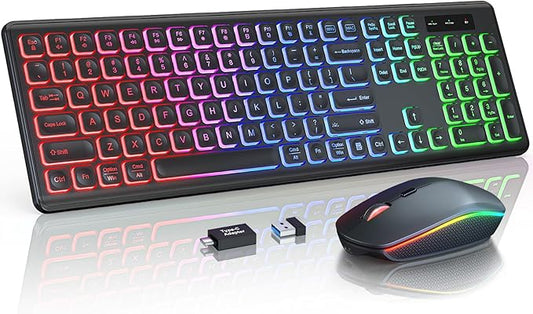 Wireless Keyboard and Mouse Combo - RGB Backlit, Rechargeable & Light Up Letters, Full-Size, Ergonomic Tilt Angle, Sleep Mode, 2.4GHz Quiet Keyboard Mouse for Mac, Windows, Laptop, PC