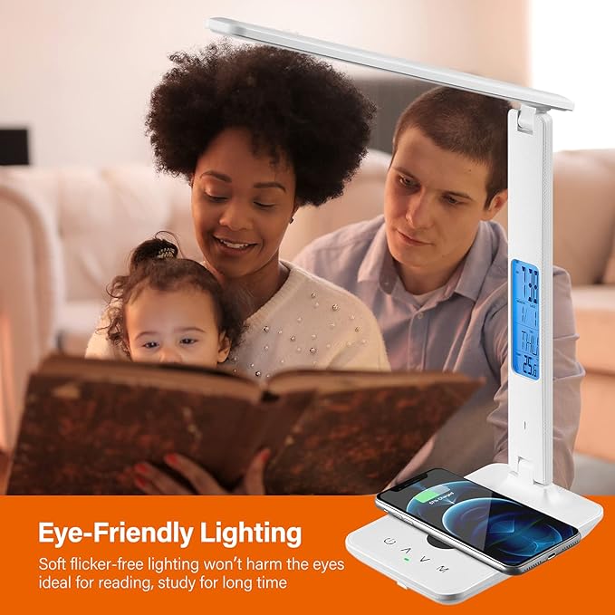 poukaran LED Desk Lamp with Wireless Charger, USB Charging Port, Office Table Lamp with Clock, Alarm, Date, Temperature for Home Office, White