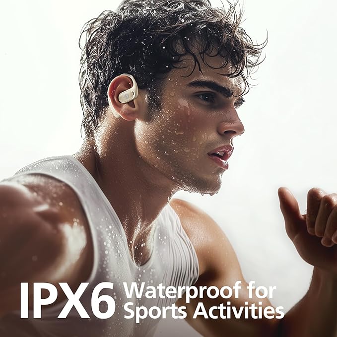 Open Ear Headphones with 35 Hours Playtime, True Wireless Air Conduction Earbuds Featuring Ear Hooks, Bluetooth 5.3, IPX6 Waterproof Design, Comfortable and Secure Fit for Sports - Beige