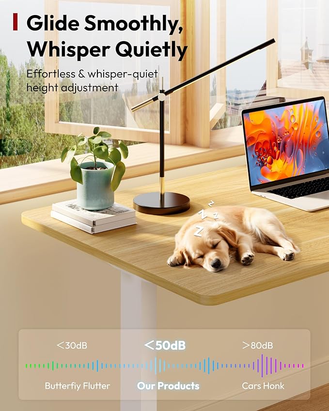 SANODESK Electric Standing Desk 40 x 24 Inches Whole-Piece Desktop Height Adjustable Stand Up Desk w/6-Button Controller Ergonomic Computer Desk for Home Office, White Frame + Natural Tabletop