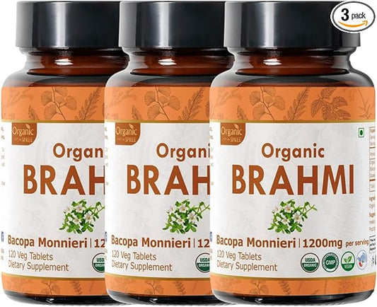 Brahmi 120 Tablets – USDA Organic Bacopa Monnieri Supplement – Supports Focus, Calm & Memory – Herbal Nootropic* - Pack of 3