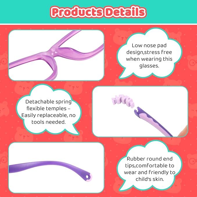 BiBiBear Toddler/Kids/Teens Glasses - Unbreakable TR90 Frame, 180° Flexible, Lightweight & Safe Glasses for Kids Age 2-15