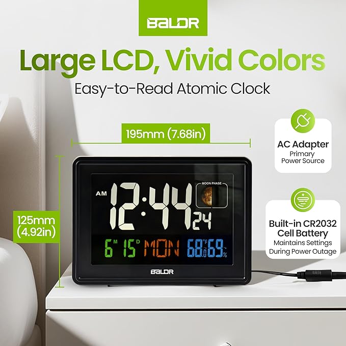 BALDR Atomic Clocks for Bedrooms Digital Large Display - Black - Desk Clock with Temperature Indoor and Humidity, Night Stand Clock, Moon Phase Clock, Alarm Clocks for Living Room, Digital Clock Wall