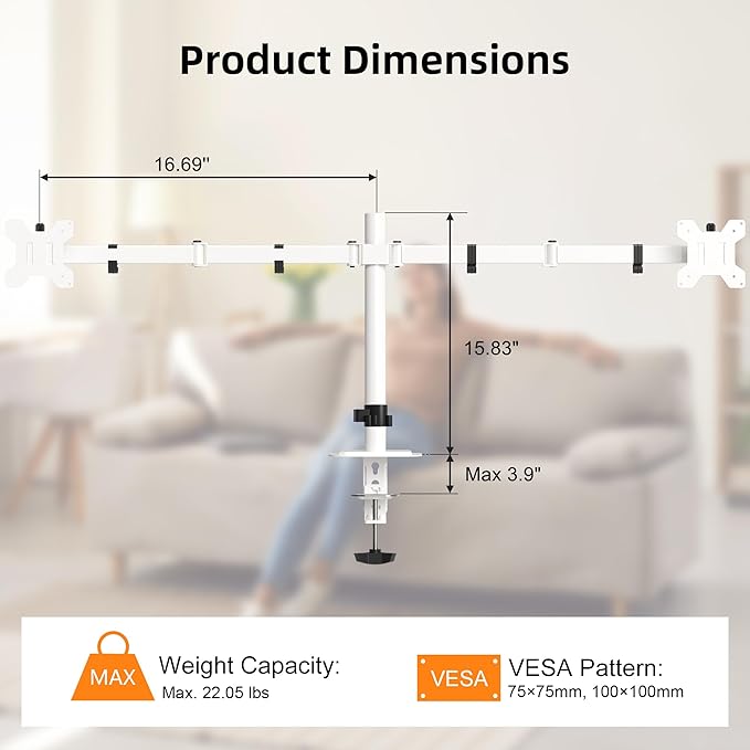 Pholiten Dual Monitor Stand, Heavy Duty Adjustable Monitor Arm Desk Mount for 2 Screens up to 38Inches, Tilt, Swivel, Rotate, Supports Tilt, Swivel, Rotate, Supports 22 lbs per Arm,White