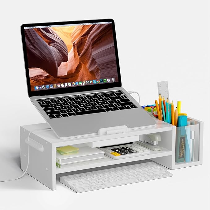 Adjustable Wood Laptop Stand, Ergonomic Height & Angle Stand with Pen Holder – Compatible with MacBook Air/Pro, Dell, HP, Lenovo & 10-17.3" Laptops – White