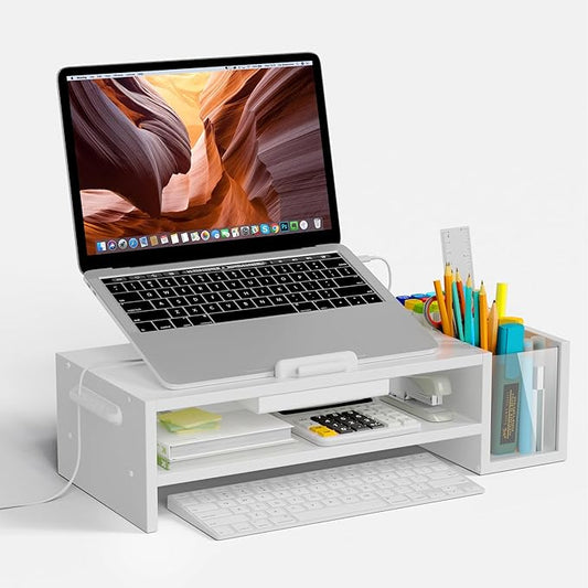 Adjustable Wood Laptop Stand, Ergonomic Height & Angle Stand with Pen Holder – Compatible with MacBook Air/Pro, Dell, HP, Lenovo & 10-17.3" Laptops – White