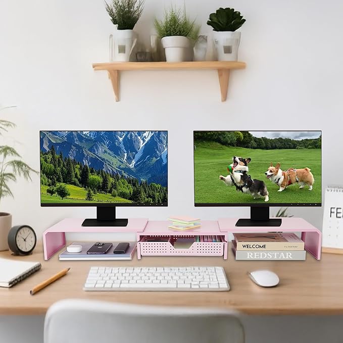 Dual Monitor Stand Riser with Drawer, Desk Organizer and Accessories, Metal Laptop Stand for Desk, Workspace Desktop Stand for Computer, Laptop, TV and More (Pink)