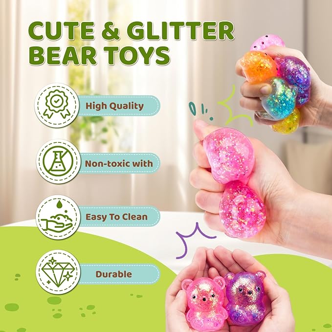 12Pack Fidget Toys Squishy ，Cute Bear Squeeze Ball , Stress Balls for Stress Relief，Pull Stretch Classroom Prize Party Favors Toys for Kids