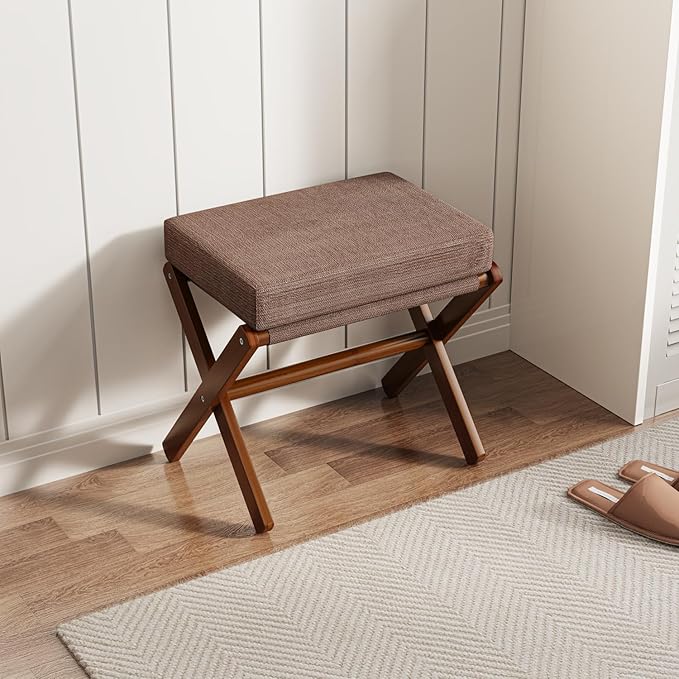 Foldable Foot Stool Ottoman, Modern Foot Rest with Bamboo X Legs & Thick Foam Cushion, Folding Foot Stools Small Padded for Bedroom Living Room, Makeup Vanity Stool Chair (Brown - Brown)