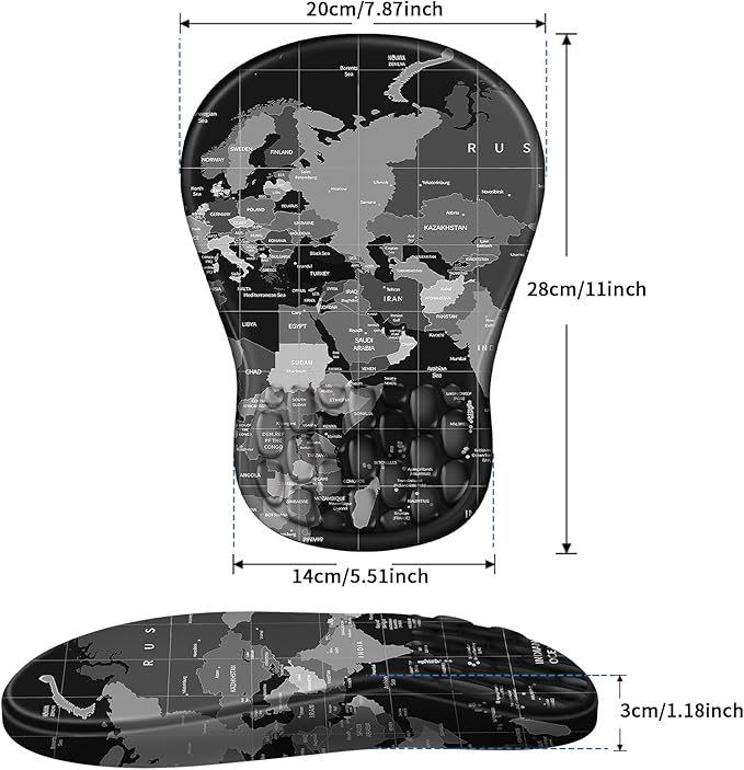 Ergonomic Mouse Pad with Wrist Rest Support, Mousepad with Comfortable Memory Foam Wrist Rest and Non-Slip PU Base for Pain Relief, Computer, Laptop, Office, Home (World Map)